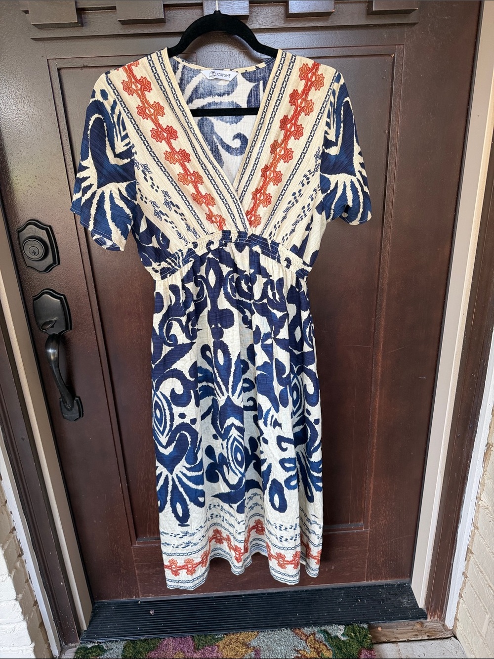 Embroidered Navy and Cream Wrap-Style Midi Dress